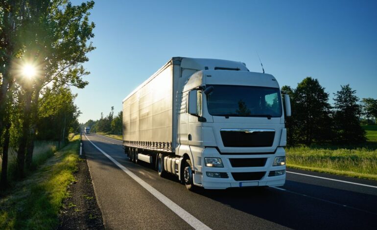 Weißer Lkw im Verkehr auf einer Straße, dahinter blauer Himmel und Sonne hinter Bäumen.
