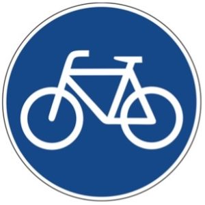 Blaues, rundes Schild mit weißem Fahrrad als Farradweg Beschilderung.