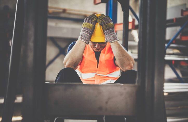 Ein Bauarbeiter mit orangefarbener Weste, gelbem Helm und Handschuhen sitzt auf einer Baustelle und hält sich frustriert die Hände an den Kopf, wegen Schadensersatz bei Bauverzug.