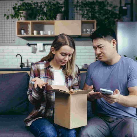 Eine junge Frau und ein junger Mann sitzen auf dem Sofa, ein geöffnetes Paket auf dem Schoß. Beide sehen enttäuscht aus. Der Mann hält ein Smartphone in der Hand. Im Hintergrund ist eine Küche zu sehen.